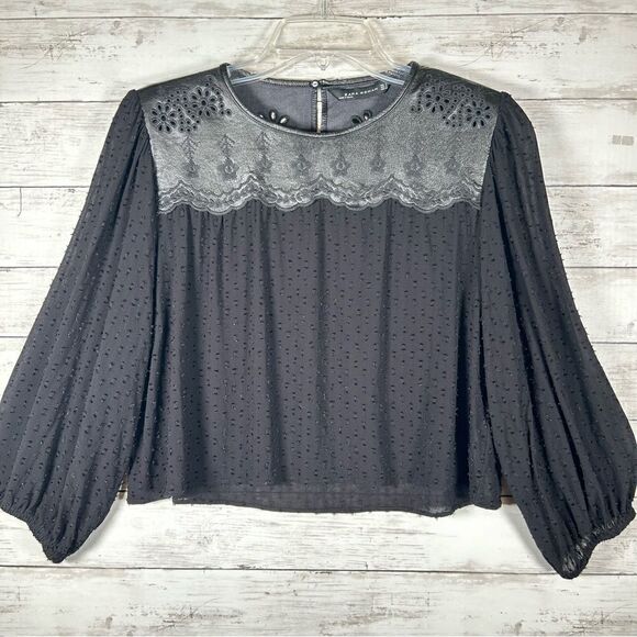 ZARA Faux Leather Embroidered Pindot Chiffon Black Cropped Top L - Picture 1 of 7